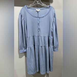 Umgee Women’s Blue Long Sleeve Babydoll Dress Scoop Neck With Buttons Size M